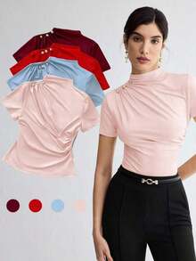 Camiseta de manga corta elegante de unicolor para mujer, casual de negocios para damas, maestras, oficina, escuela, top básico - Rosa - Ver 1