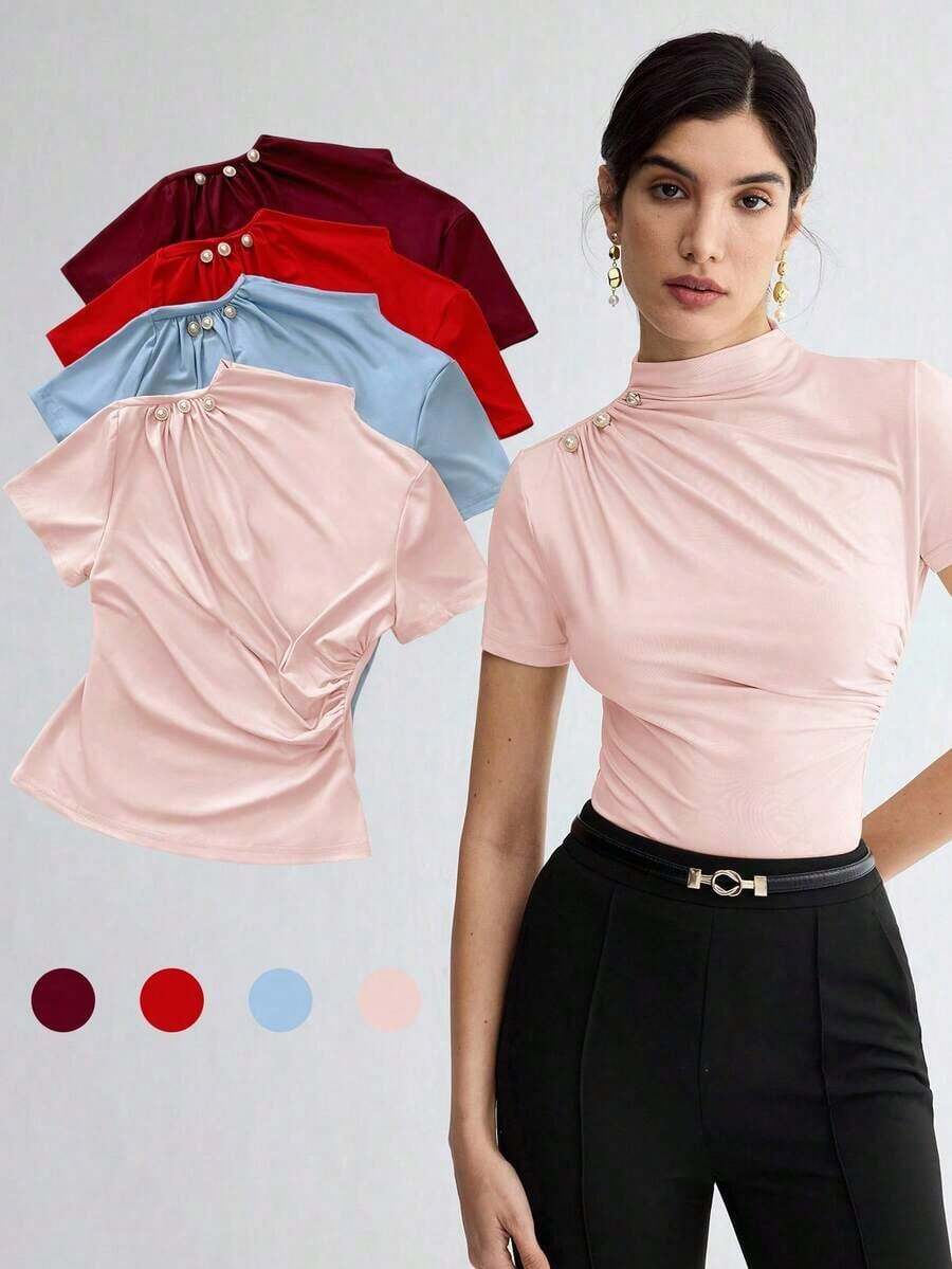 Camiseta de manga corta elegante de unicolor para mujer, casual de negocios para damas, maestras, oficina, escuela, top básico - Rosa - Ver 1