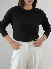 -Less Camiseta informal de manga corta con parches de unicolor para mujeres, estilo casual de negocios de verano - Negro - Ver 1