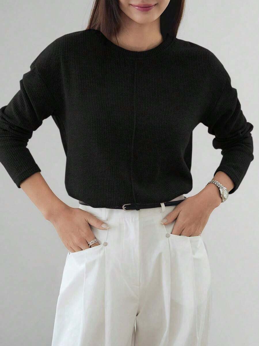 -Less Camiseta informal de manga corta con parches de unicolor para mujeres, estilo casual de negocios de verano - Negro - Ver 1