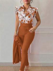 Clasi Women's Floral Print Flutter Sleeve Button-Up Shirt And Pants Elegant 2 Pieces Set (Belt Is Decorative) - Rỉ Nâu - Xem 7