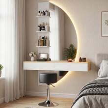 Devoko White Wall-Mounted Vanity Table With LED Mirror, Makeup Table With 4 Open Shelves And 2 Drawers, 3 Dimmable Light Colors, Suitable For Bedroom, Wardrobe, Hallway And Living Room, 106 X 143 Cm, With Black Swivel Stool - 查看 1
