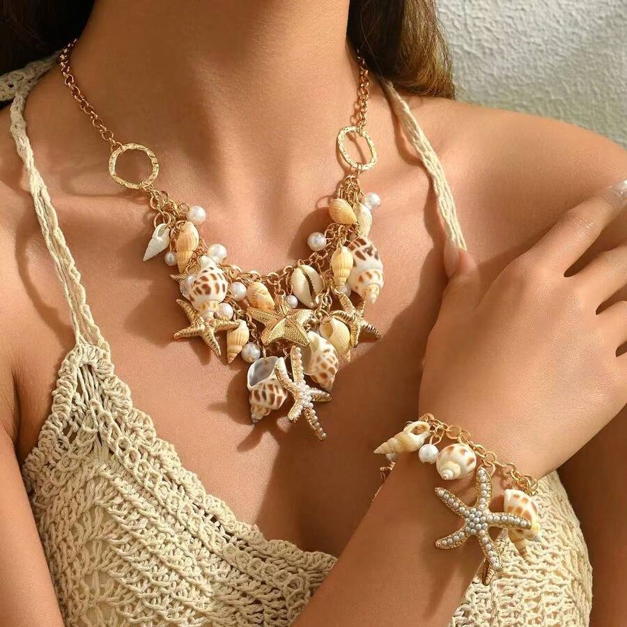 1pc Bohemian Starfish Shell Pearl Double Layer Necklace Bracelet Beach Vacation Style Jewelry - Multicolor - View 1
