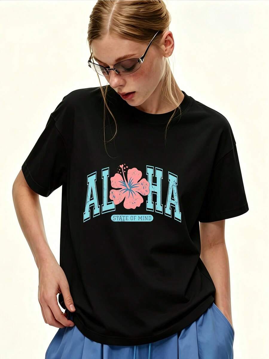 Camiseta de talla para mujer de 180 g con estampado de patrón Aloha, manga corta, corte holgado informal, para vacaciones de verano en la playa, regalo para el Día de la Madre, reuniones familiares y actividades de building de la empresa - Camiseta unisex de algodón holgada de manga corta y cuello redondo estilo vintage urbano. - Negro - Ver 1