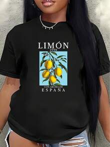 Camiseta de manga corta de poliéster, decorada con un estampado de limones españoles, ligera y duradera, adecuada para uso casual en la cocina o en casa, cómoda y de buen ajuste para el uso diario. - Negro - Ver 7