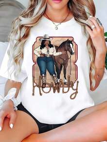 Camiseta estampada para mujer con diseño de vaquera y caballo, manga corta, cuello redondo, estilo casual, para primavera y verano, regalo para ella. Ropa de talla grande para mujer, blusas estampadas para mujer. - Blanco - Ver 5
