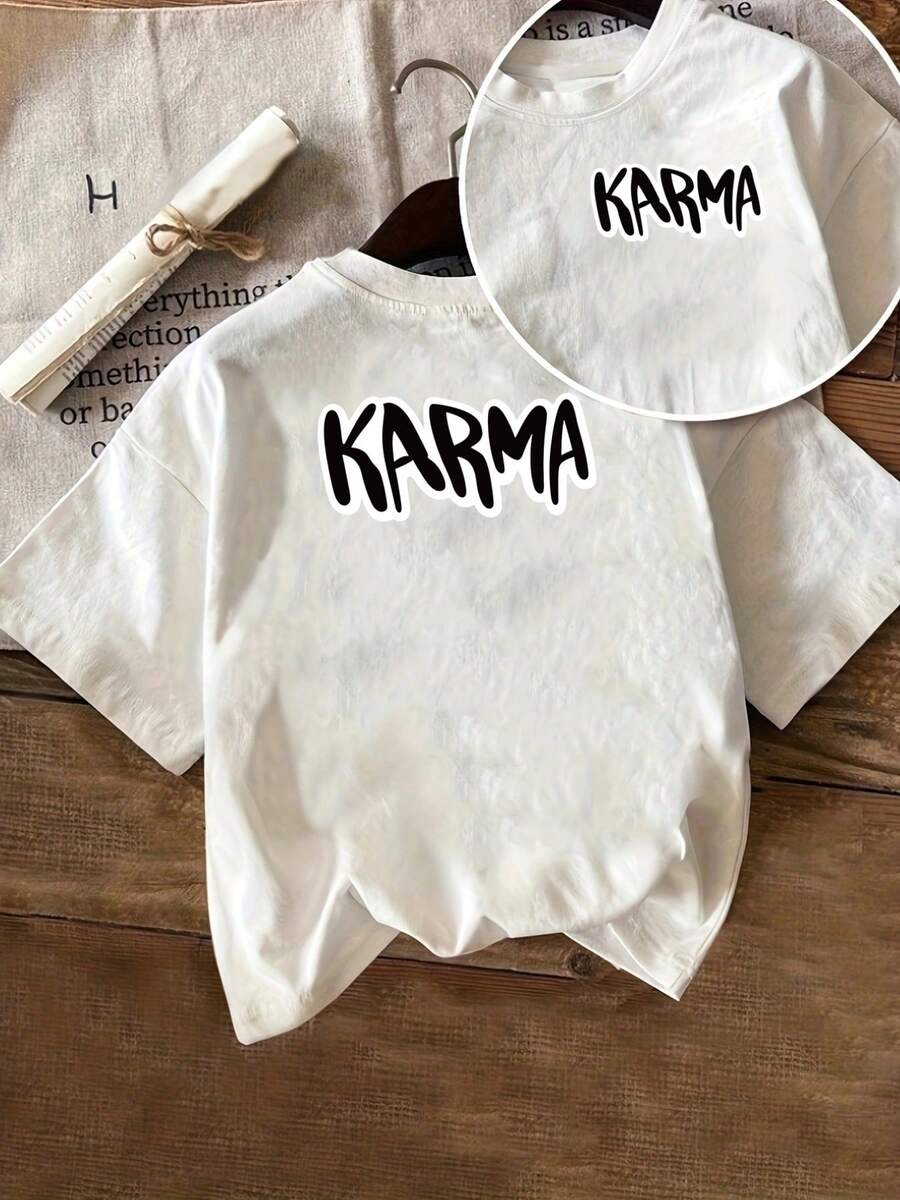 Camiseta de manga corta con estampado frontal y trasero, KARMA, camiseta casual de moda para mujer con un motivo de causa y efecto, top casual de manga corta y cuello redondo, adecuada para verano y primavera, ropa de mujer 100% algodón. - Blanco - Ver 1