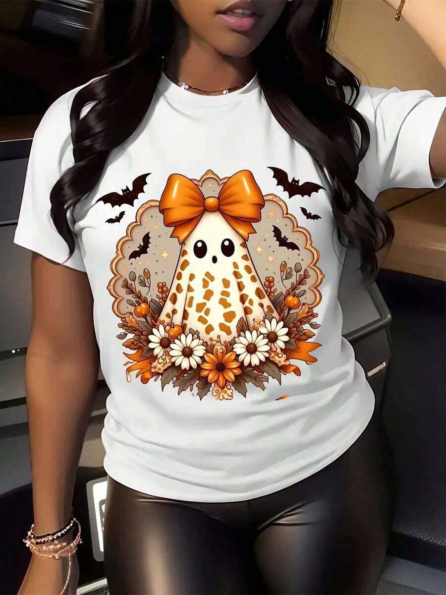 100% algodón, Camiseta de Mujer con Diseño de Fantasma Adorable, Diseño de Sublimación de Lazo y Flor para Halloween de Otoño, Temporada de Terror para Chicas, Ropa de Tallas Grandes para Mujer. - Blanco - Ver 1