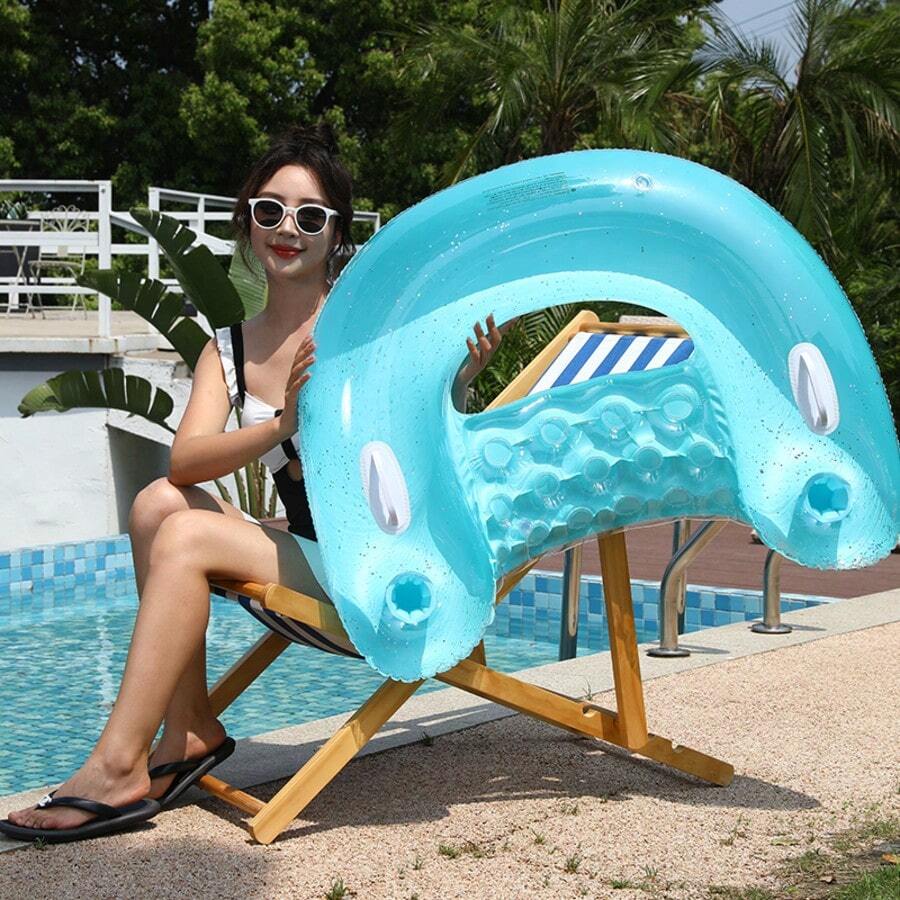 1pc Inflatable U-Shaped Candy Color Pool Float, PVC Material, Multicolor, Summer Backrest, Floating Bed, Lounge Chair, Adult Summer Swimming Pool And Beach Party Accessory, Perfect Summer Gift For Swimming Pool And Beach Relaxation - Blue Transparent U-shaped Seat - View 1