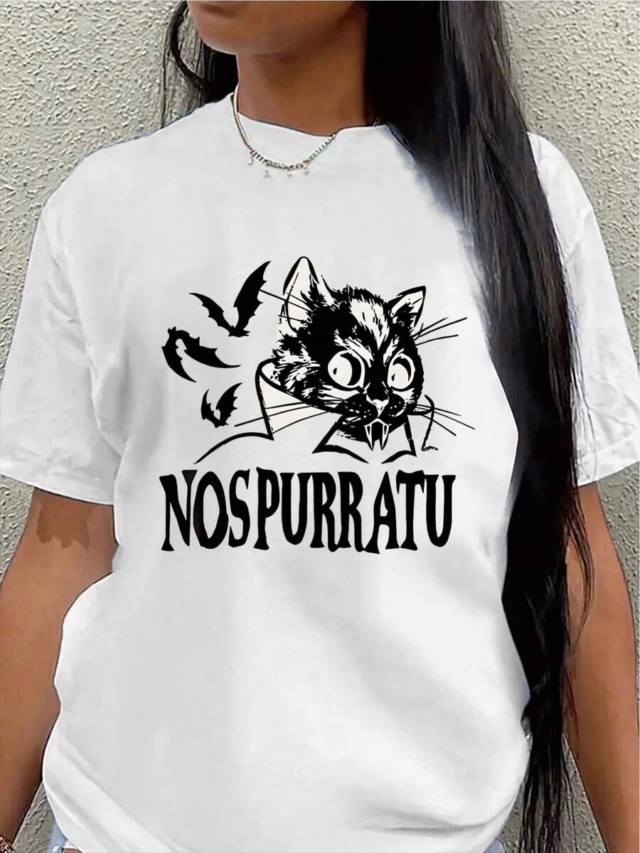Short-Sleeved Polyester T-Shirt With Cat Print, Lightweight And Durable Design, Suitable For Home, Restaurants, Or Casual Outdoor Wear, Comfortable And Fitted For Everyday Use. Women's Casual Blouse - 白色 - 查看 1