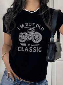 Vintage Motorcycle Graphic Print T-Shirt, 180g, 1 Piece, Retro Slogan, Casual T-Shirt For Women, 100% Cotton, Streetwear Style - 黑色 - 查看 9
