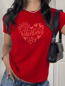 Camiseta con Estampado Gráfico de Corazón de San Valentín, 180g, 1 Pieza, Tema de Amor, Camiseta Casual para Mujer, 100% Algodón, Estilo Romántico - Rojo - Ver 9