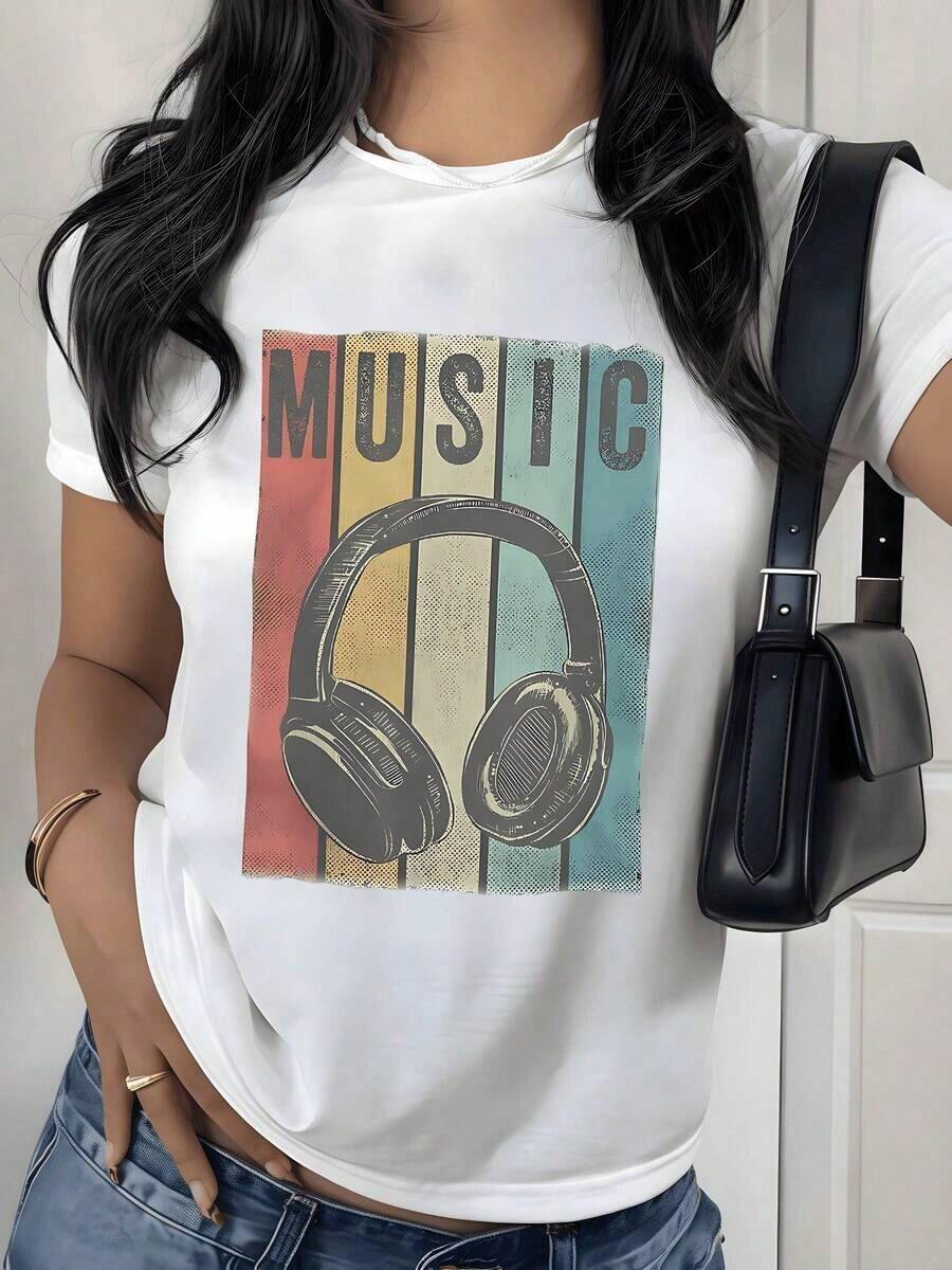 Retro Headphone Graphic Print T-Shirt, 180g, 1 Piece, Vintage Concert Style, Women's Casual 100% Cotton T-Shirt, Streetwear Style - 白色 - 查看 1