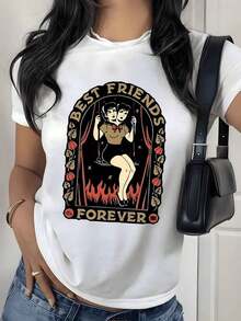 Camiseta con Estampado Gráfico de Chica Pin Up Vintage, 180g, 1 Pieza, Mejores Amigas para Siempre, Camiseta Casual de Mujer 100% Algodón, Estilo Retro Streetwear - Blanco - Ver 1