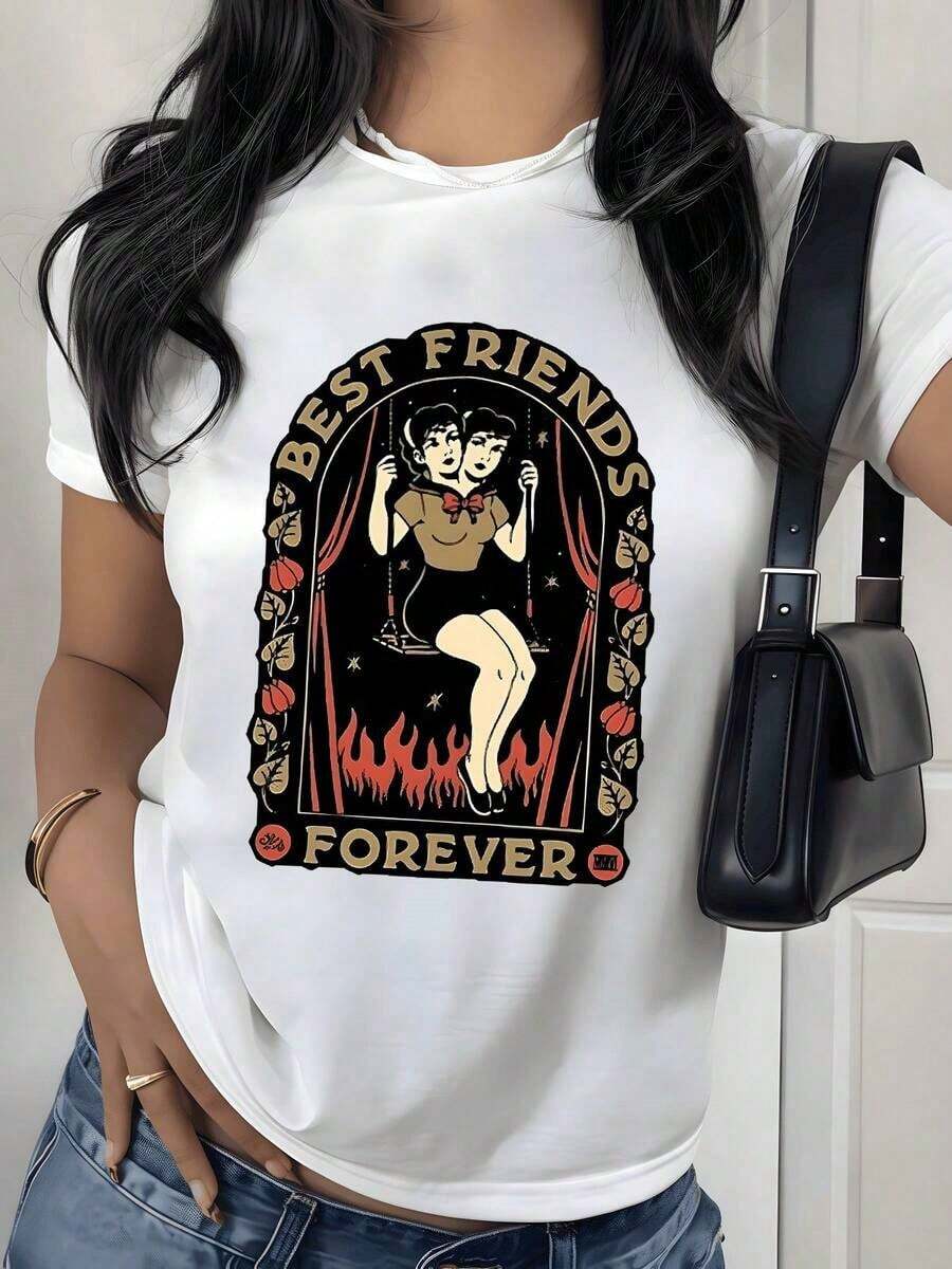 Camiseta con Estampado Gráfico de Chica Pin Up Vintage, 180g, 1 Pieza, Mejores Amigas para Siempre, Camiseta Casual de Mujer 100% Algodón, Estilo Retro Streetwear - Blanco - Ver 1
