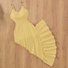 Vestido elegante y casual de línea A sin espalda, de tela tejida de unicolor, adecuado para fiestas, citas nocturnas, bodas, primavera/verano - Amarillo - Ver 4