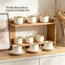 6pcs Gold Rim Vertical Stripe Ceramic Coffee Cup And Saucer Set, Home Afternoon Tea Small Espresso Cups - Multicolor - View 3