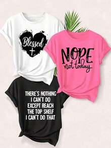 Artículo de moda: Prenda 3 piezas/set de camisetas de manga suitable for streetwear, Top oversized cuello redondo daily outings, camping, concerts, hip-hop, rock, and rap events Camiseta casual de manga corta para mujer, con estampados de alta calidad como "Heart Cross", "No, not today", "Nothing is impossible", camiseta de manga corta con cuello redondo, top deportivo casual de algodón puro y transpirable, regalo para las fiestas, camiseta para mujer. - Blanco - Ver 7
