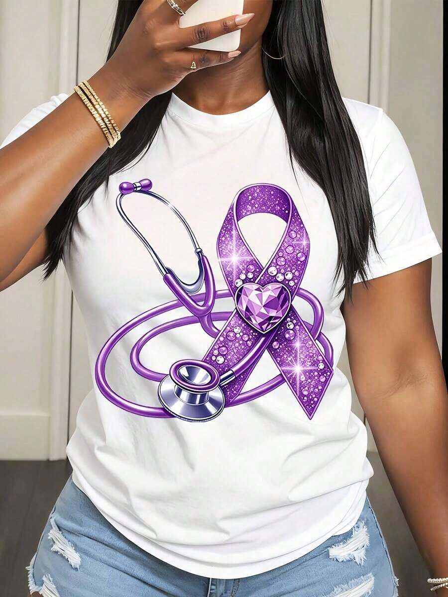 Women's T-Shirt With Purple Awareness Ribbon And Stethoscope Design For Casual Spring/Summer Wear - White - View 1