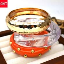 GNIT Gold & Resin Bangle Bracelets For Women, 3PCS/1pc Chunky Statement Stackable Bangles With Hammered Gold, Silver Foil & Studded Jewelry Set - Orange. Translucent. Gold - View 2