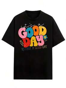 Camiseta Negra de Manga Corta para Mujer con Estampado Colorido "Es un Buen Día para Tener un Buen Día", Ropa Casual, Playera Holgada para Mujer - Negro - Ver 4