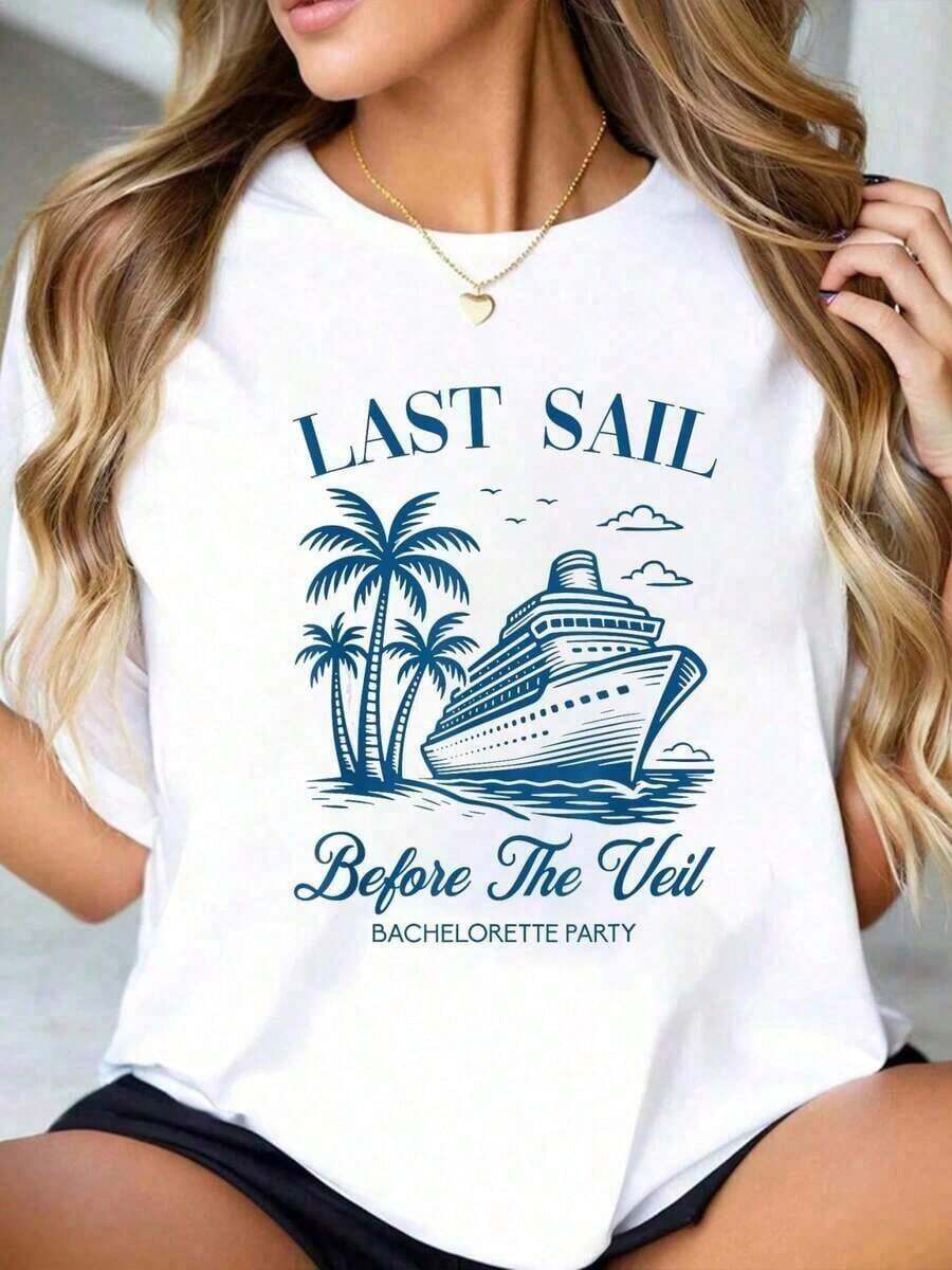 Comfortable100% cotton Última Velada Antes del Crucero en Velero, Camisetas para Fiesta de Solteras y Novias para MujeresFashion All-match Women's Short Sleeve T-shirt, Basic Style for Inner & Outer Wear - Blanco - Ver 1