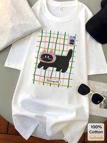 Camiseta de manga corta con estampado de dibujos animados, de longitud media, top casual de moda para mujer, color blanco, estilo veraniego. - Blanco - Ver 1