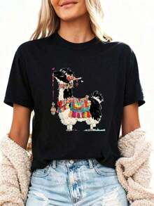 Women's Short Sleeve T-Shirt, 1 Piece, Casual Women's T-Shirt, Spring Summer, Short Sleeve, Round Neck, Cartoon Graphic Print, The Cat Is In Charge, I'm The Mom, Daily Style, Daily Outing, Holiday Gift. - 黑色 - 查看 2