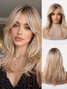 16 Inch Medium Straight Synthetic Hair Wig For Women, Ombre Gray-Brown To Golden Gradient Highlights, With Air Bangs, Heat Resistant, Layered Style, Natural For Daily Wear & Party - Multicolor - View 12