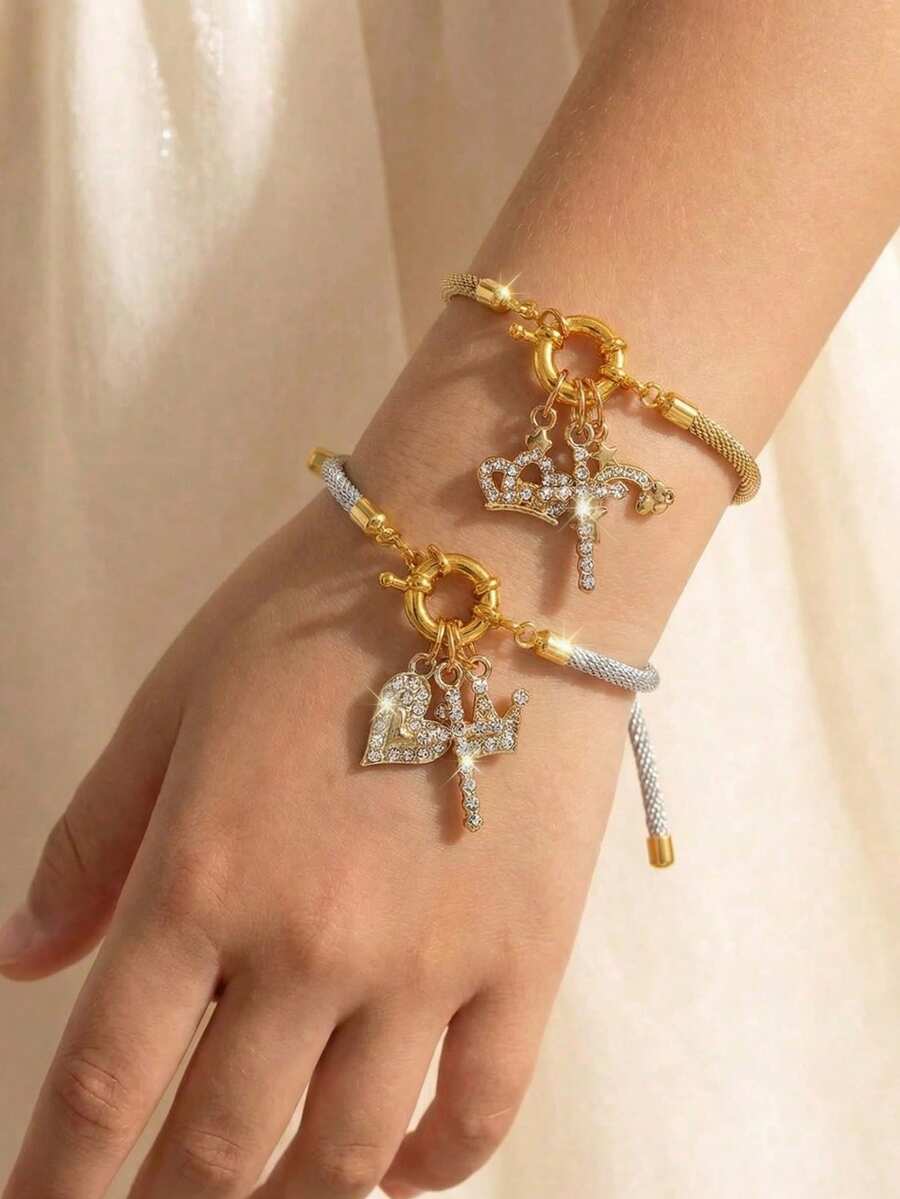1 pièce/2 pièces Ensemble de bracelets tressés avec couronne en forme de cœur ornée de strass or et argent, convient pour la décoration quotidienne - Multicolore - Voir 1