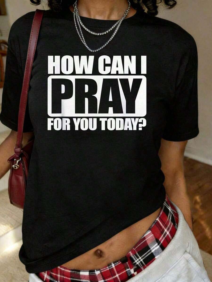 Men's T-Shirt With Bold Print 'Christian Faith: How Can I Pray For You Today?', Casual Crew Neck T-Shirt, Comfortable For All Seasons, Machine Washable, Gift For Dad And Bird Lovers, Short Sleeve Crew Neck T-Shirt For Summer And Spring, Women's Clothing, Casual Blouse For Women, Cotton Women's T-Shirts. - 黑色 - 查看 1