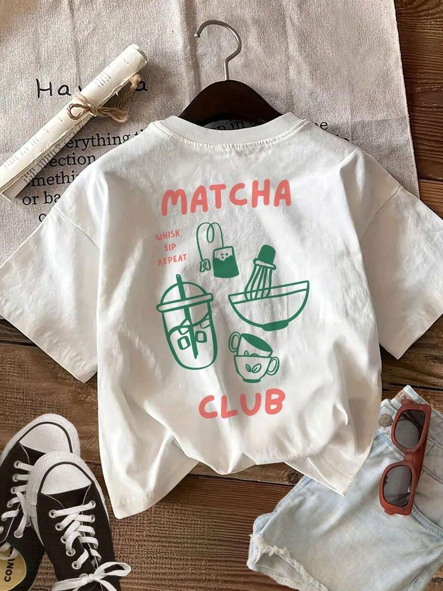 Women's Oversized Short-Sleeved T-Shirt With Hand-Drawn Print Featuring Matcha Whisk Motifs And Embellishments, Round Neck, Casual Style, Short Sleeves, Summer Top. 100% Cotton. - 白色 - 查看 1