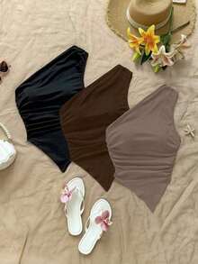3 piezas de blusas de hombros asimétricas con bajo asimétrico en colores surtidos negro, marrón y caqui, aptas para el verano - Multicolor 2 - Ver 1