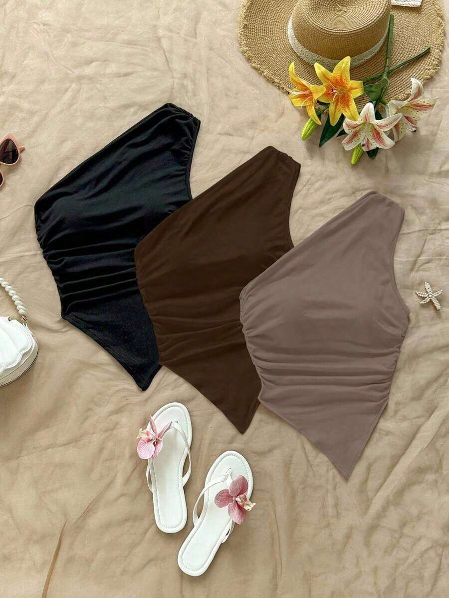 3 piezas de blusas de hombros asimétricas con bajo asimétrico en colores surtidos negro, marrón y caqui, aptas para el verano - Multicolor 2 - Ver 1