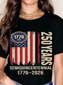 Camiseta de Mujer Blanca con Bandera Americana 1776 2026 250 Años Semiquincentenario Celebración del Día de la Independencia Ropa Patriótica para Eventos de Día Nacional de EE. UU. playeras de mujer - Negro - Ver 1