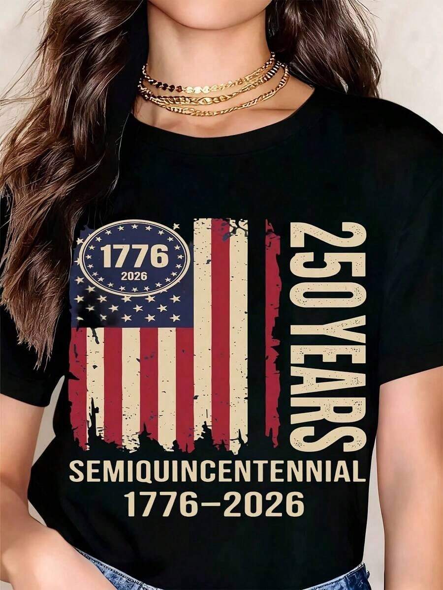 Camiseta de Mujer Blanca con Bandera Americana 1776 2026 250 Años Semiquincentenario Celebración del Día de la Independencia Ropa Patriótica para Eventos de Día Nacional de EE. UU. playeras de mujer - Negro - Ver 1