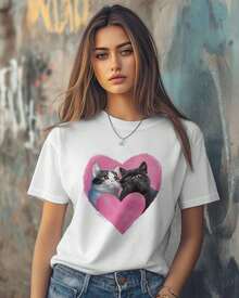 Women's T-Shirts, Cotton T-Shirt With Heart Print, Couple Of Cats, Cute Animal, Round Neck, Short Sleeve, Casual Style, Loose Fit, Black, Size M - 白色 - 查看 3