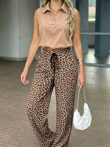 Pantalones anchos de cintura alta con estampado de leopardo para mujer, pantalones casuales sueltos con cordón, adecuados para el estilo callejero y las fiestas en la playa en verano - Negro - Ver 3