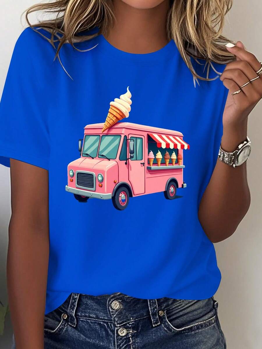 Women's 100% Cotton Graphic T-Shirt – Casual Short Sleeve T-Shirt With Round Neck And Floral And Letter Print Blouses For Women - 藍色 - 查看 1