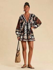 Vestido mini con escote profundo en V, bordado y calado para vacaciones de mujer - Multicolor 2 - Ver 4