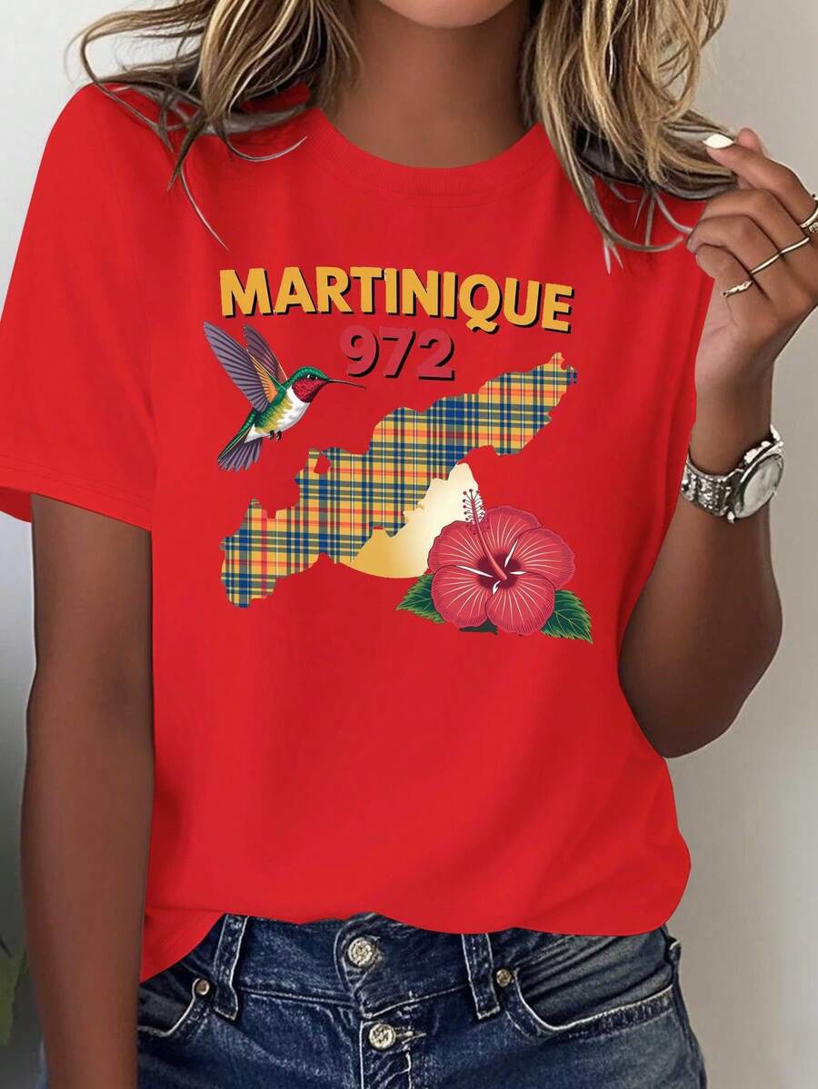 Camiseta cómoda de algodón puro para mujer, diseño de colibrí a cuadros Madras de Martinique, blusas para mujer - Rojo - Ver 1