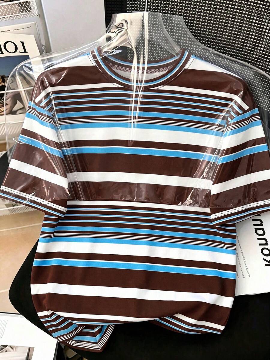 Camiseta casual de color marrón con bloques de color y rayas, adecuada para exteriores, calle, estilo Y2K, primavera y verano - Multicolor - Ver 1