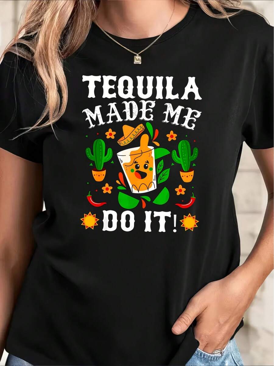 El tequila mexicano me inspira a hacer esta camiseta estampada en blanco y negro, imprescindible para salidas a bares, ligera y duradera, una excelente opción para ropa casual en restaurantes y salas de estar, la tela es cómoda, blusas para mujer. - Negro - Ver 1