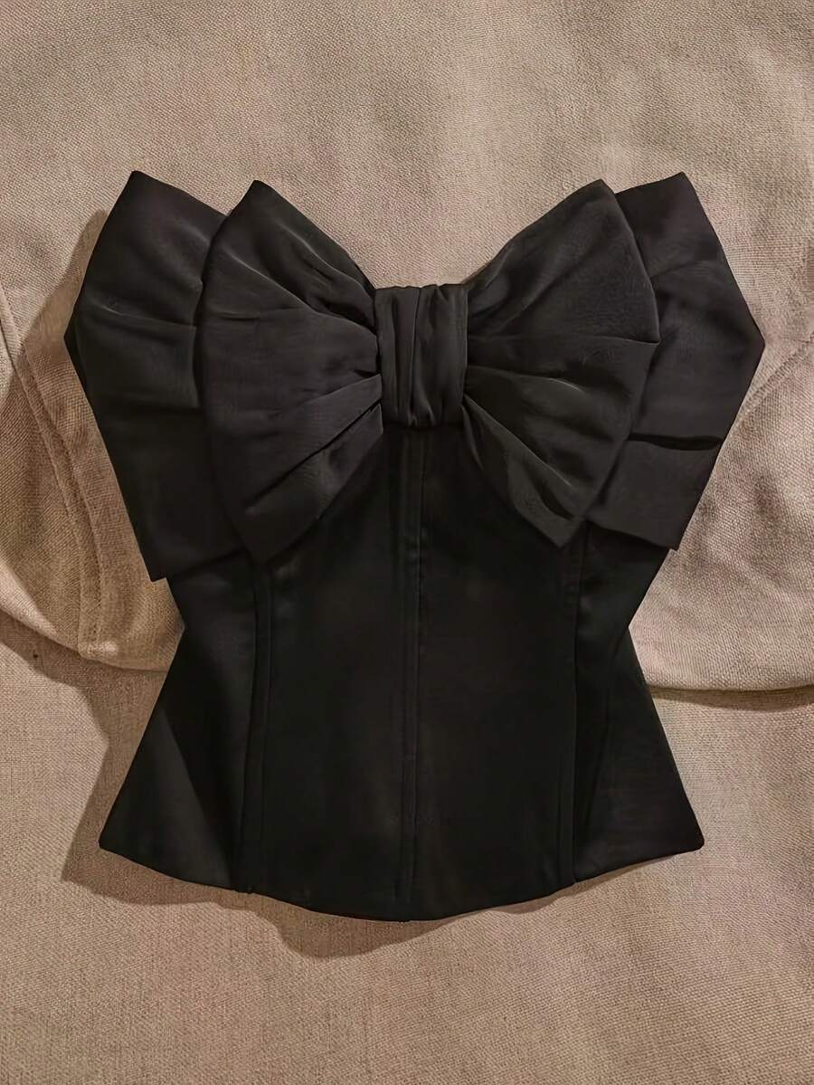 1pc French Bow Bandeau Top, Cami Layered Slim Fit Casual For Women - 黑色 - 查看 1