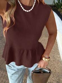 Blusa sin mangas de punto para mujer, estilo minimalista casual, unicolor, bajo con volantes, favorecedora, adecuada para ir a trabajar, citas, vacaciones, tiempo libre - Café rojo - Ver 2