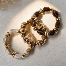 3pcs Vintage Multi-Layer Brown Acrylic Beaded Bracelet, Transformable Gold Chip Bracelet, For Women, Couples, Party, Daily Wear - 3-piece Bracelet Set E - View 5