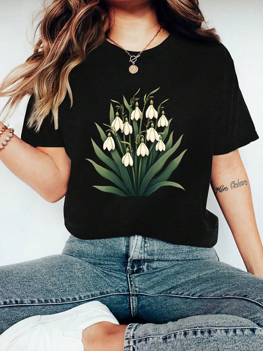 Camiseta de Mujer 100% Algodón Puro, Estilo Bohemio, con Estampado Floral Artístico, Casual, Básica, de Manga Corta, a la Moda. Camiseta de Mujer con Patrón Vintage Bohemio, 100% Algodón, Suave, Transpirable, Cuello Redondo, Manga Corta, Estilo Boho Urbano. - Negro - Ver 1