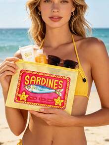Bolsa de playa de malla impermeable multicolor de moda con estampado colorido "SARDINGS", estampado de patrón de sardinas, bolsa de maquillaje transparente de gran capacidad, bolsa de maquillaje con cremallera de nailon, ligera, puede almacenar protector solar, aperitivos, bikini y artículos esenciales de playa. Almacenamiento de primavera/verano, duradera, perfecta para nadar, regalo de vuelta al colegio - Multicolor - Ver 1