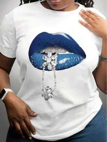1 Piece Of 's T-Shirt With Blue Lips Print And Diamond Chain - Casual Round Neck, Short Sleeve, Micro-Elastic Fabric, Perfect For Summer, "Sport" "Athleisure" Blouse 180g 100% Cotton. - 白色 - 查看 6