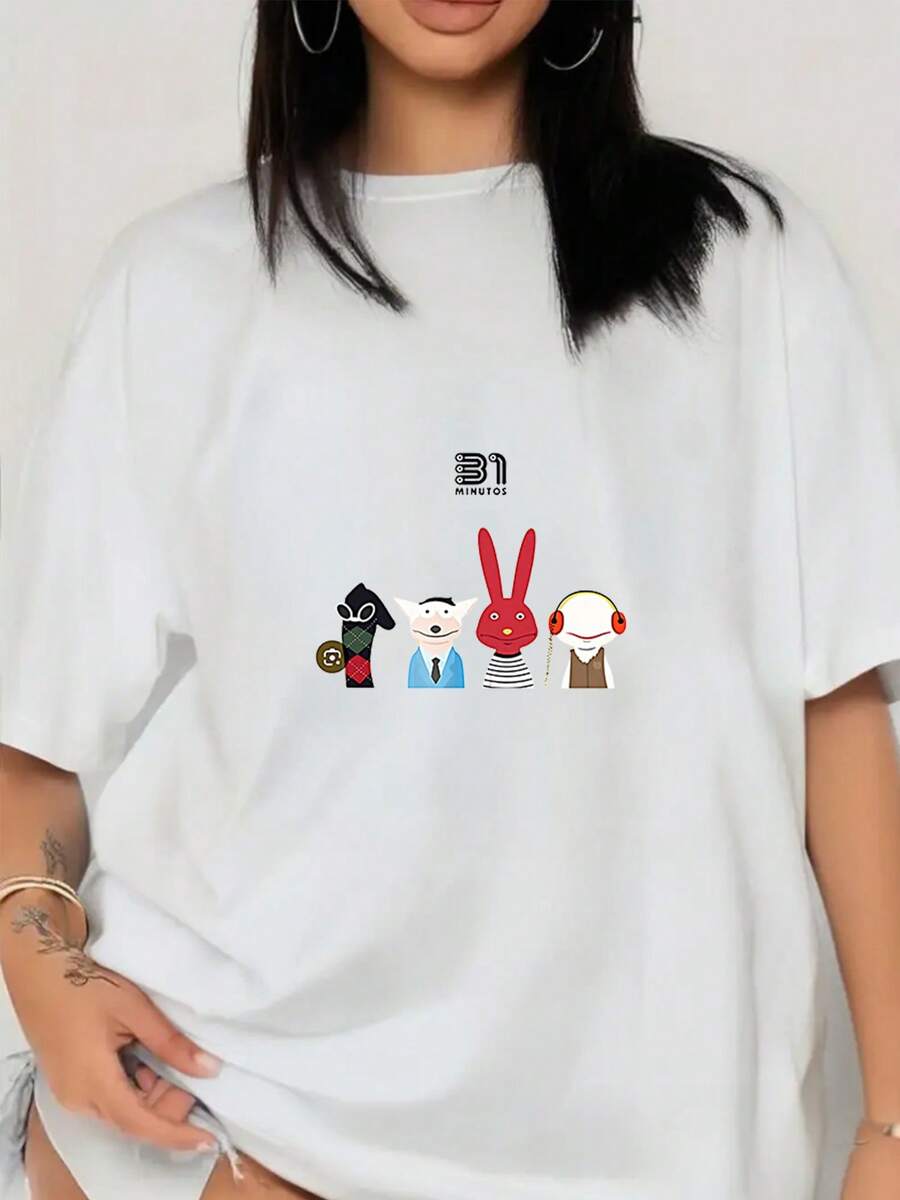 Camiseta de mujer oversize de manga corta con estampado de personaje de dibujos animados, 1 blusa de mujer, hermosas blusas para mujer, ropa de mujer, conjuntos de mujer, camiseta con personajes de dibujos animados de 31 minutos, blanco y negro, estampado de personaje de dibujos animados, alta calidad, cuello redondo, corte holgado básico, unisex, transpirable, versátil, lavable a máquina, cómoda, talla S-3XL, casual diario, deportiva, esencial para el verano, 100% algodón. - Blanco - Ver 1